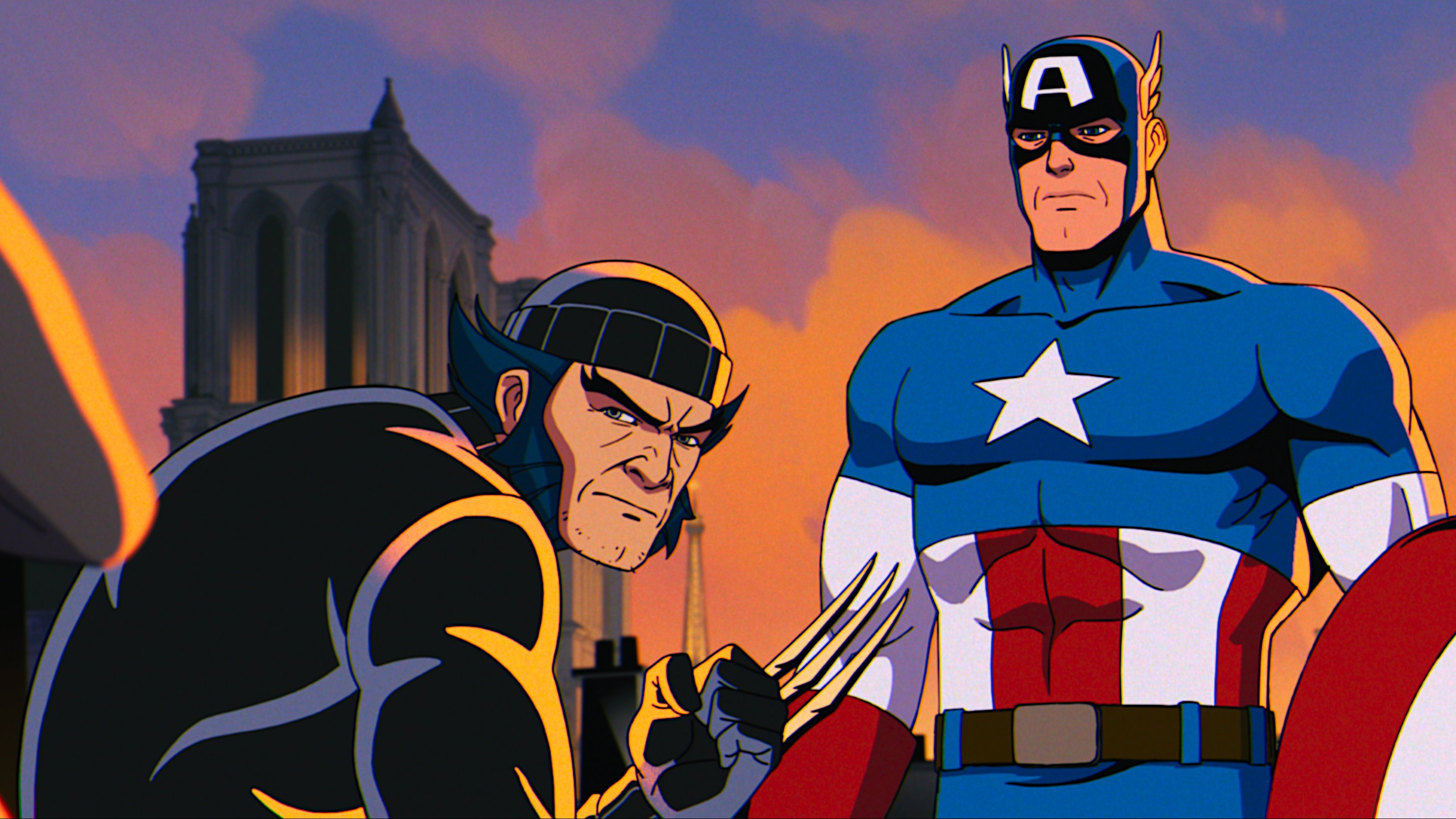 Wolverine shows his bone claws while crouching near Captain America in X-Men '97
