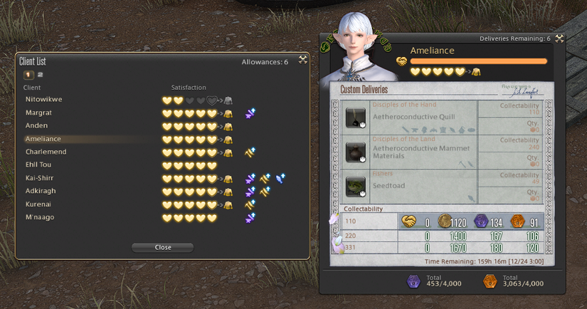 The custom delivery menu in-game, showing what Ameliance wants this week in FFXIV