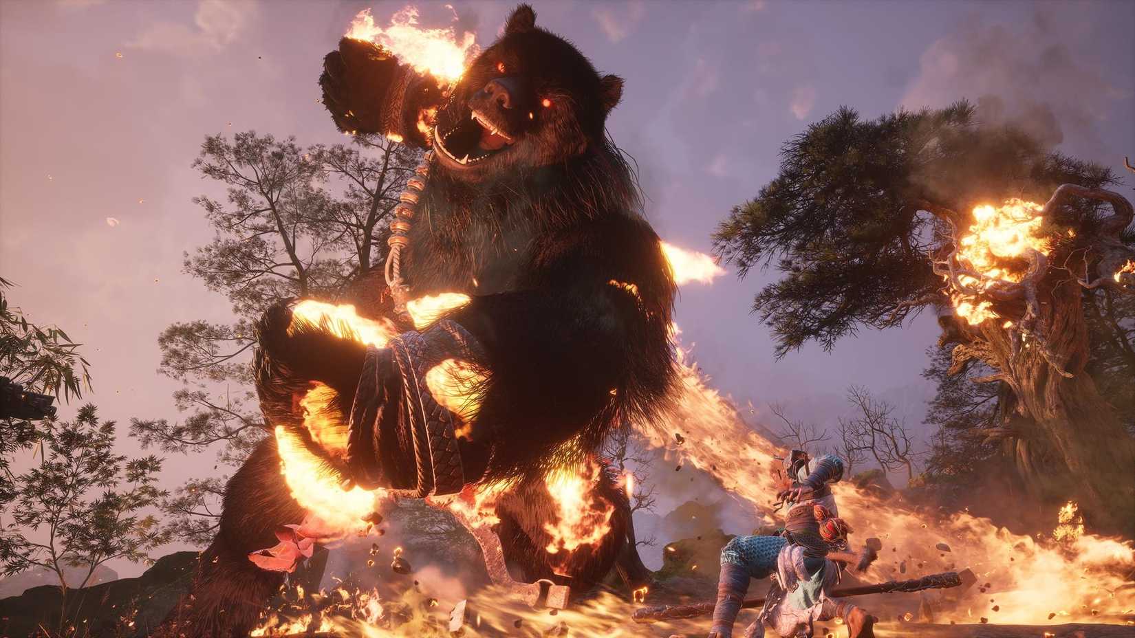 This Black Myth: Wukong image shows a giant bear boss leaping toward the player.
