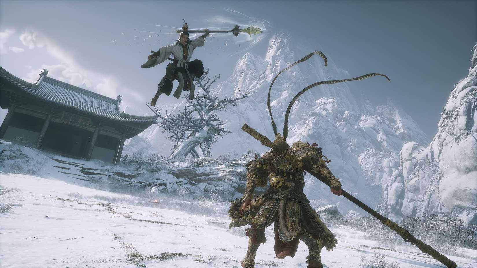 A warrior leaps toward another in a snowy landscape in Black Myth: Wukong