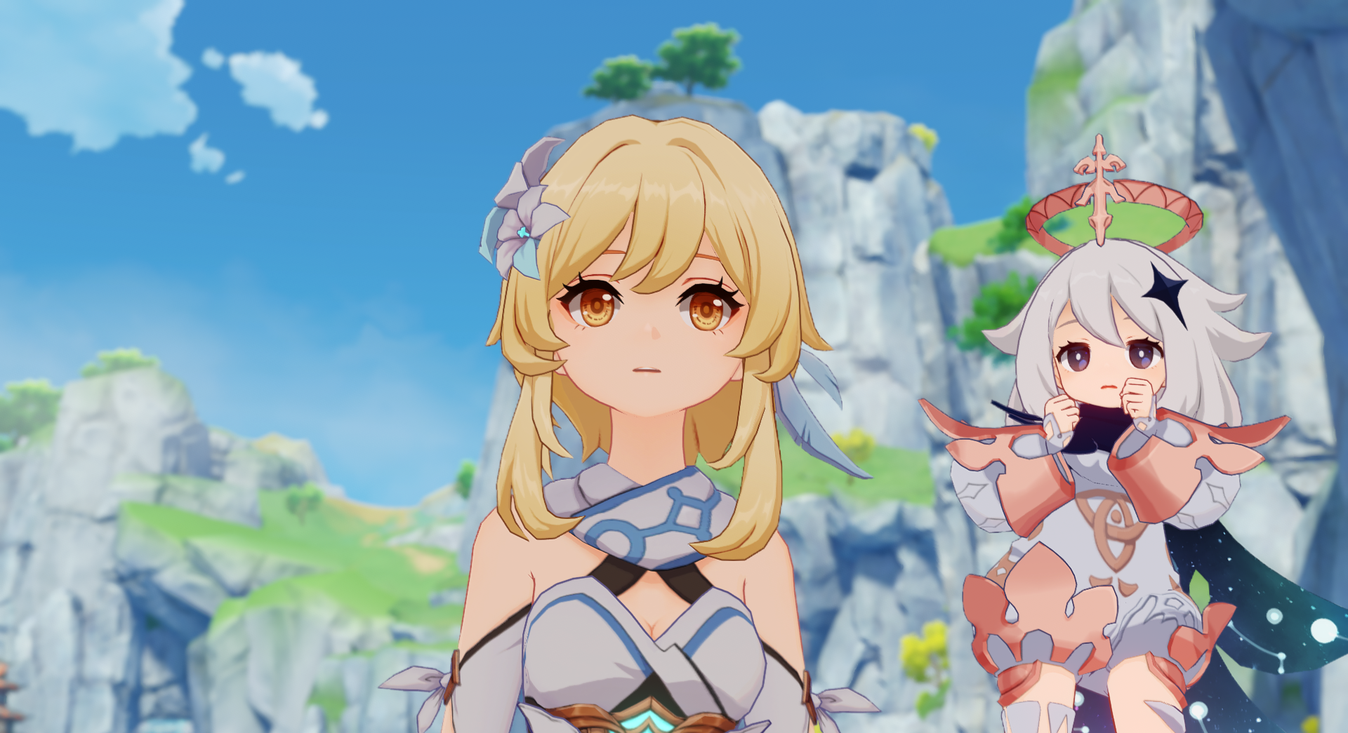 An image of Lumine and Paimon looking off into the distance in Genshin Impact.