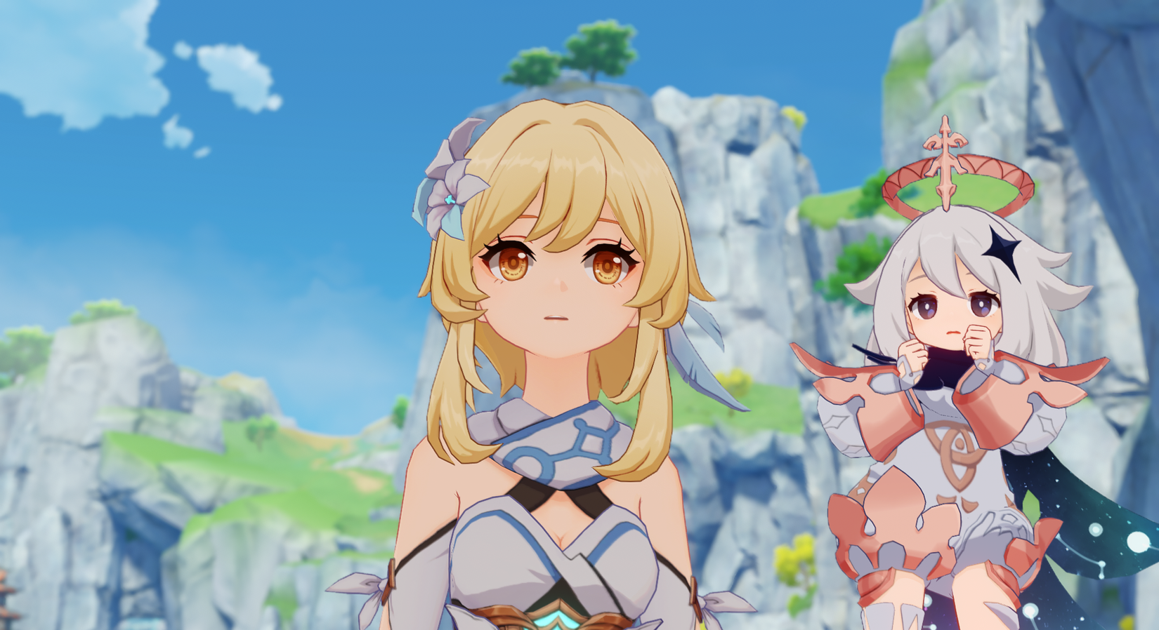 An image of Lumine and Paimon looking off into the distance in Genshin Impact.