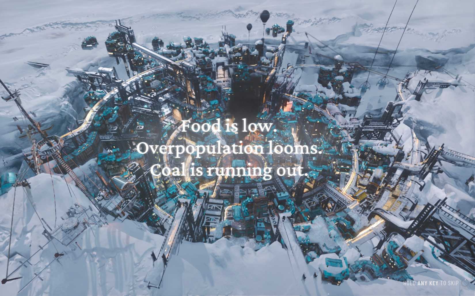 Frostpunk 2 screen saying that food is low, overpopulation looms, and coal is running out