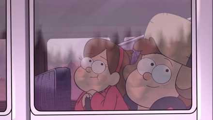 Dipper and Mabel look out the window of a bus, the Gravity Falls treeline reflected in the window