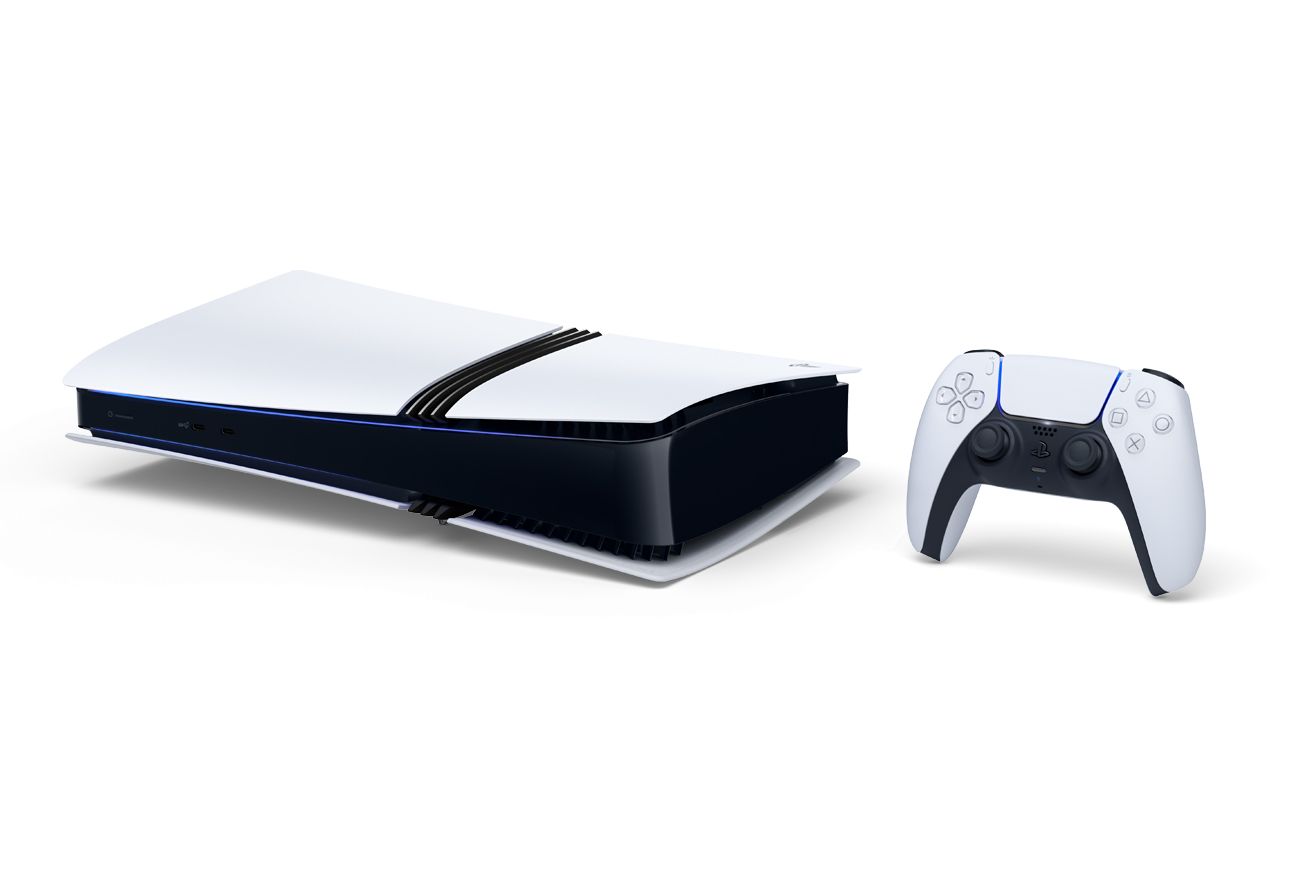 PlayStation 5 Pro, lying on its side, next to a controller