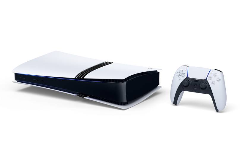 PlayStation 5 Pro, lying on its side, next to a controller