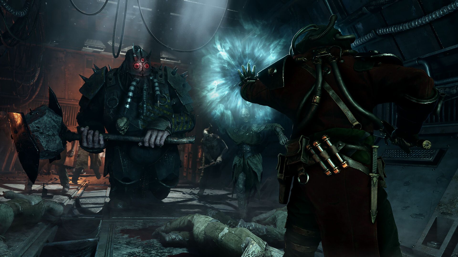 A psyker in Warhammer 40K: Darktide, is a robed figure channeling mind power. He is being approached by menacing, hulking figures with masks and boulders attached on poles haphazardly.