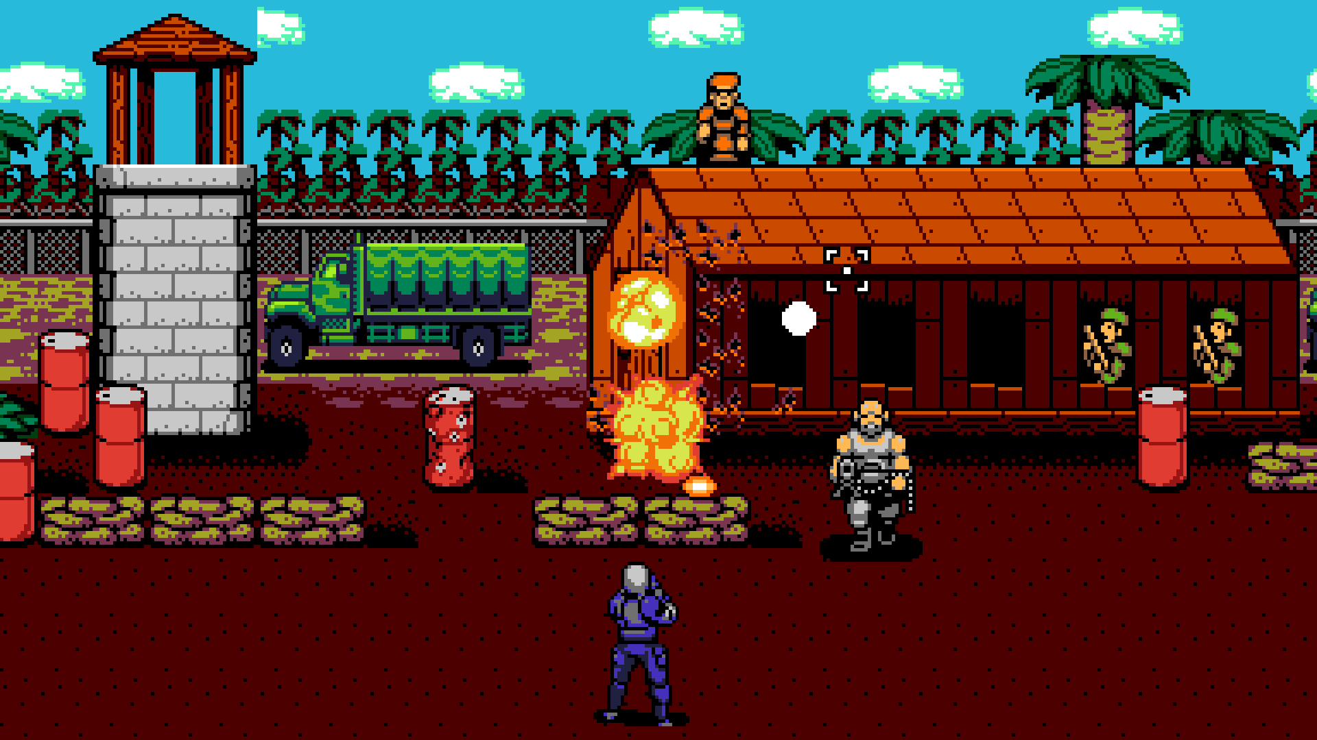 A screenshot of a game in UFO with various human characters shooting at each other, standing in front of a lighthouse and a building