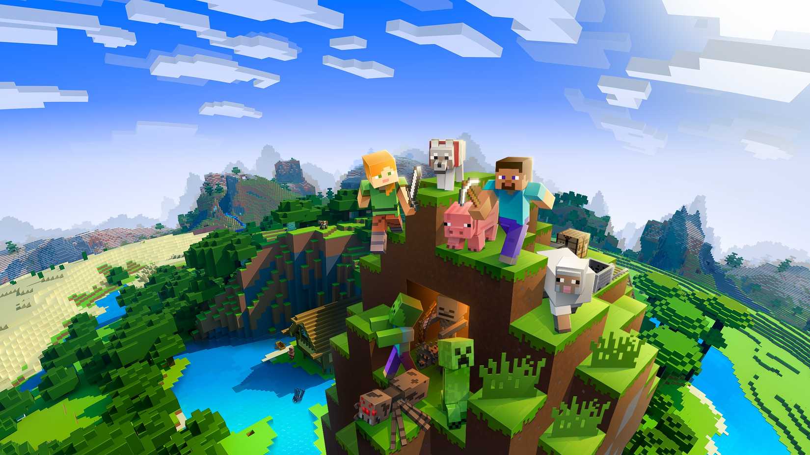 An image of Minecraft characters standing at the top of a blocky hill.