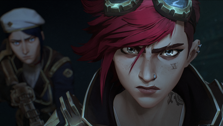 Vi gets her punching gloves ready with Caitlyn behind her in an image from Arcane