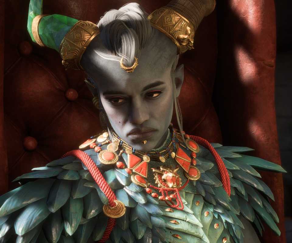 Taash, a Qunari character from Dragon Age: The Veilguard, looking solemn and downcast