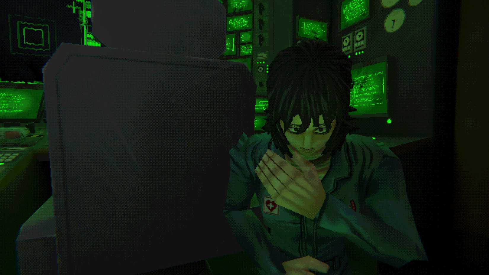 Anya, a medic with the Pony Express, looks hopeless while bathed in the green light of sci-fi displays aboard a cargo ship.