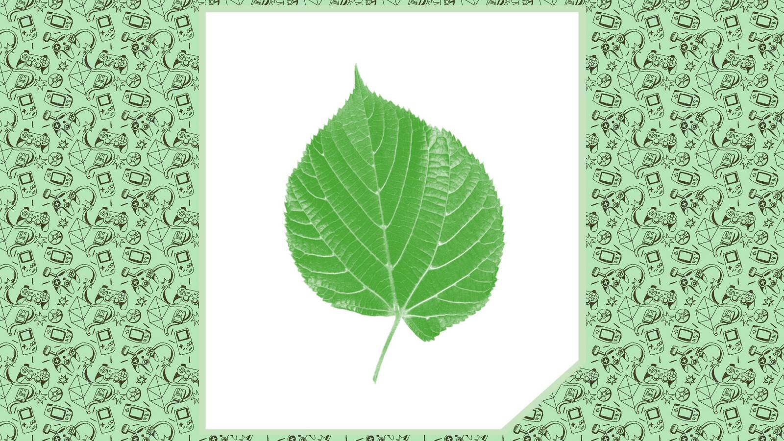 An image of a green leaf representing Animal Crossing sits on a background filled with illustrations of game controllers.
