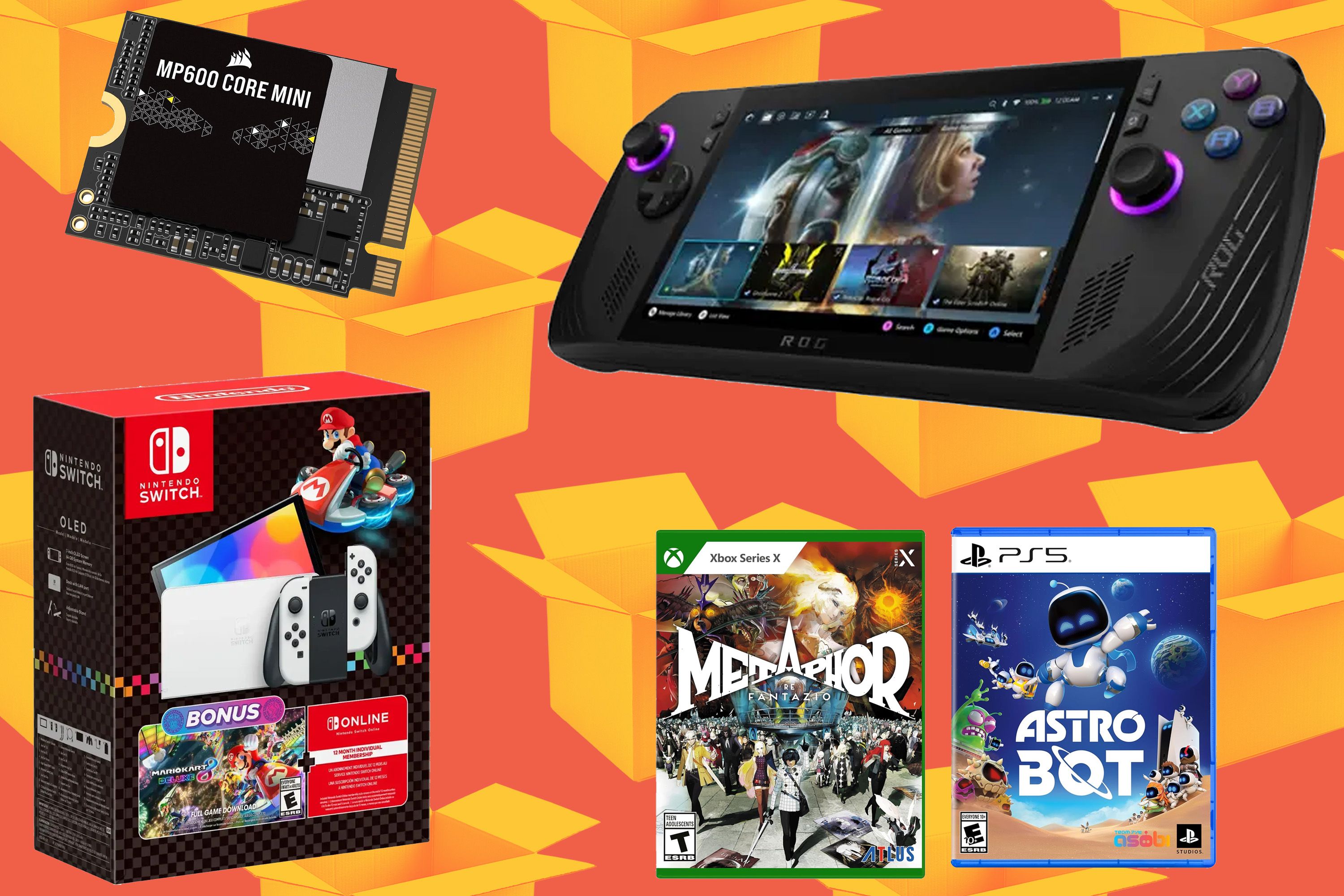A collage of Black Friday gaming deals including the ROG Ally X, Switch Bundle, Metaphor, and Astro Bot