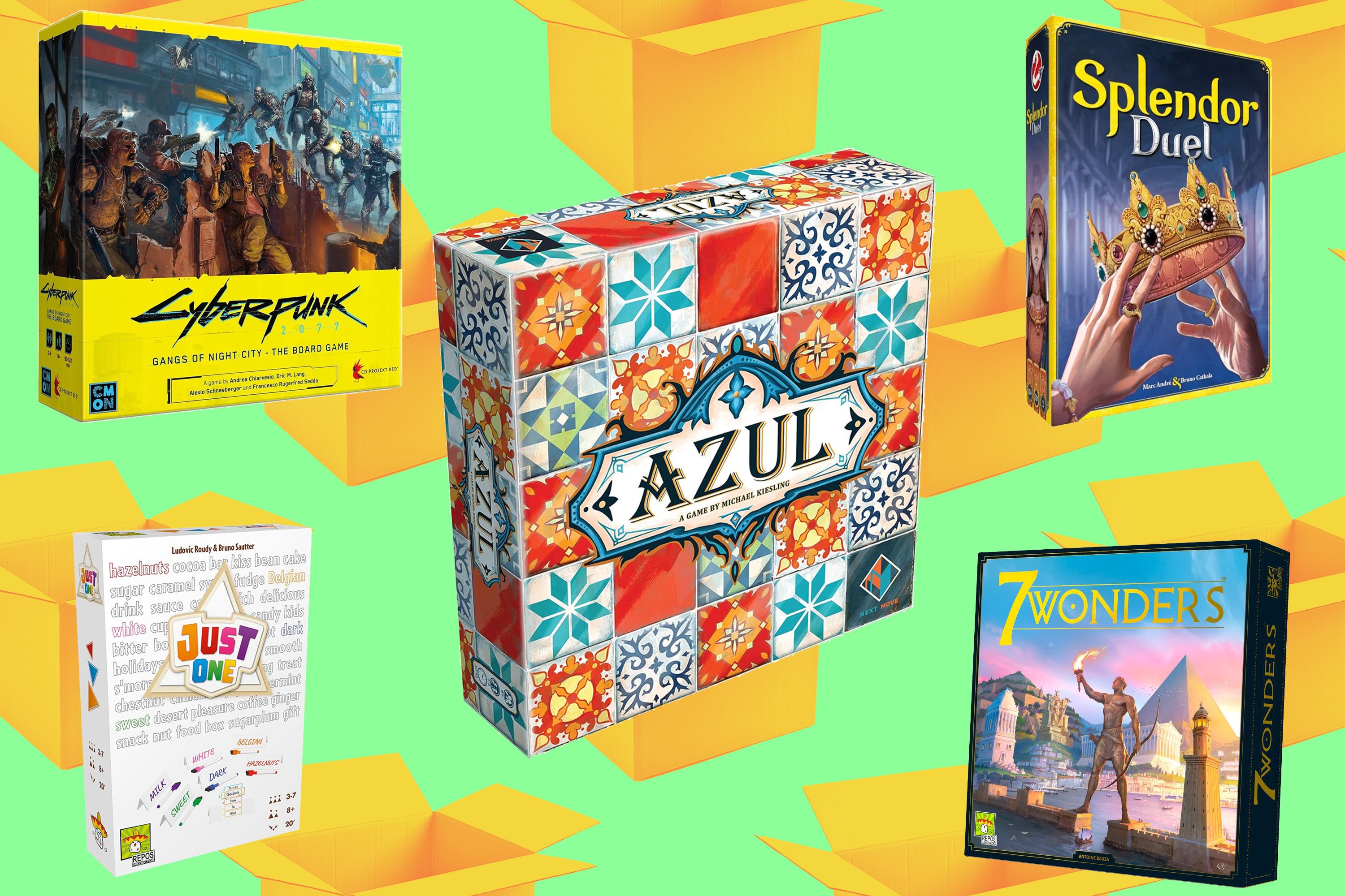 A collage of Black Friday board game deals against a green background: Cyberpunk, Azul, Just One, Splendor, and 7 Wonders