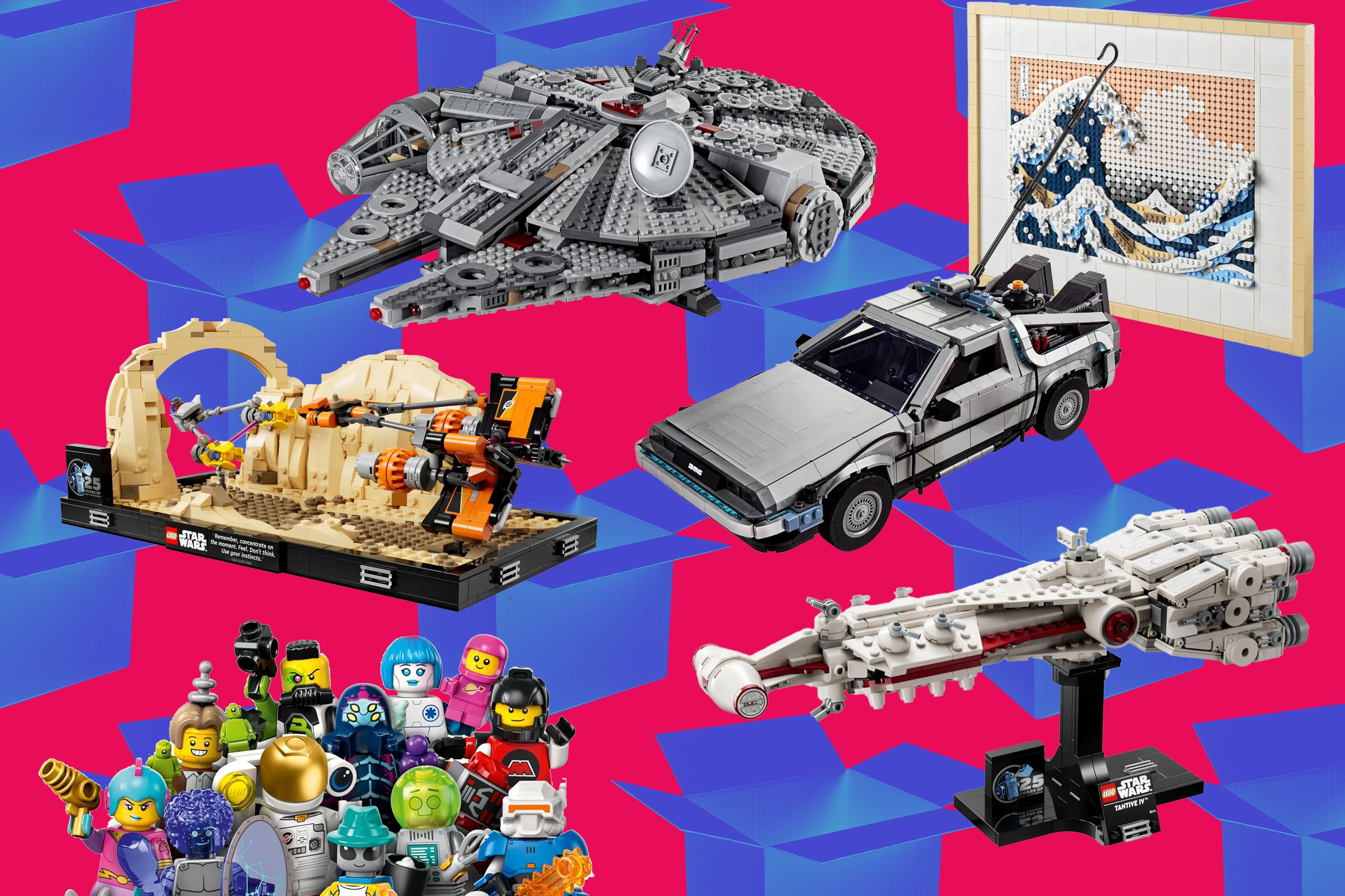 A collage of six Lego sets on sale during Cyber Monday 2024 including The Lego Star Wars Tantive 4, Millennium Falcon, and Mos Espa Podrace.