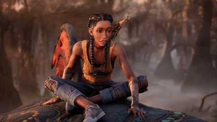 Hazel, the protagonist of South of Midnight, sitting cross-legged on the back of a giant fish.