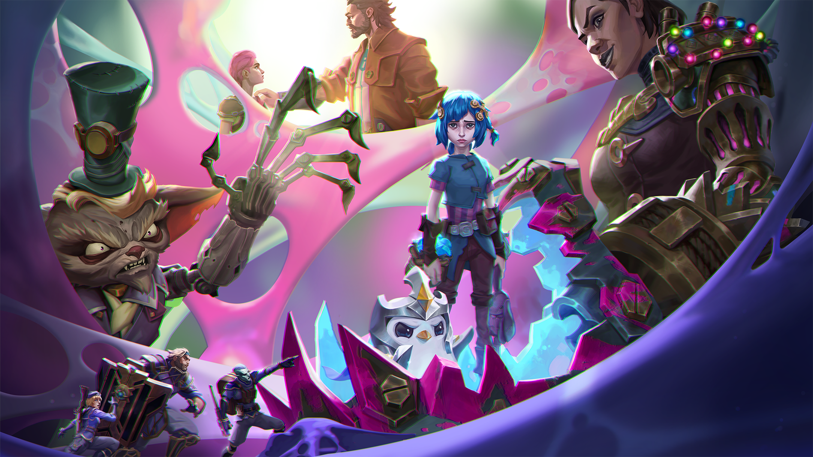 TFT Set 13 Into the Arcane main art, featuring Powder Smeech and several other Arcane characters with TFT art style