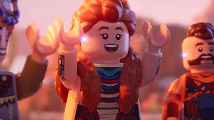 Lego-ized Aloy raising her arms in Lego Horizon Adventures