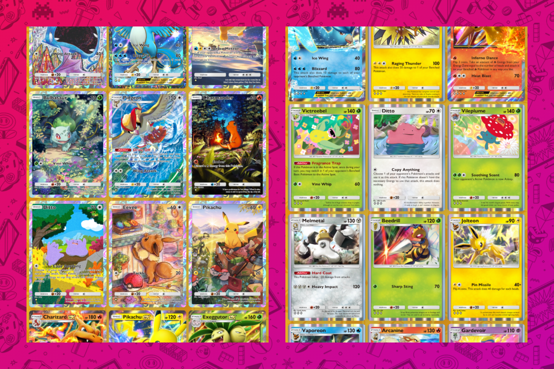 A graphic of cards laid out in Pokemon TCG Pocket. There are full art cards of Pokemon Ditto, Pidgeot, and Charmander all lined up in an array of digital cards.