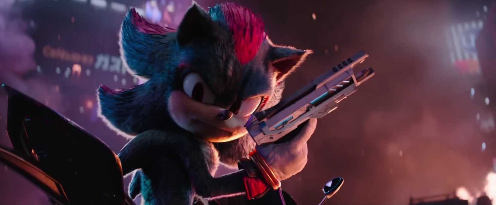 An image of Shadow wielding a gun in Sonic the Hedgehog 3 movie trailer.
