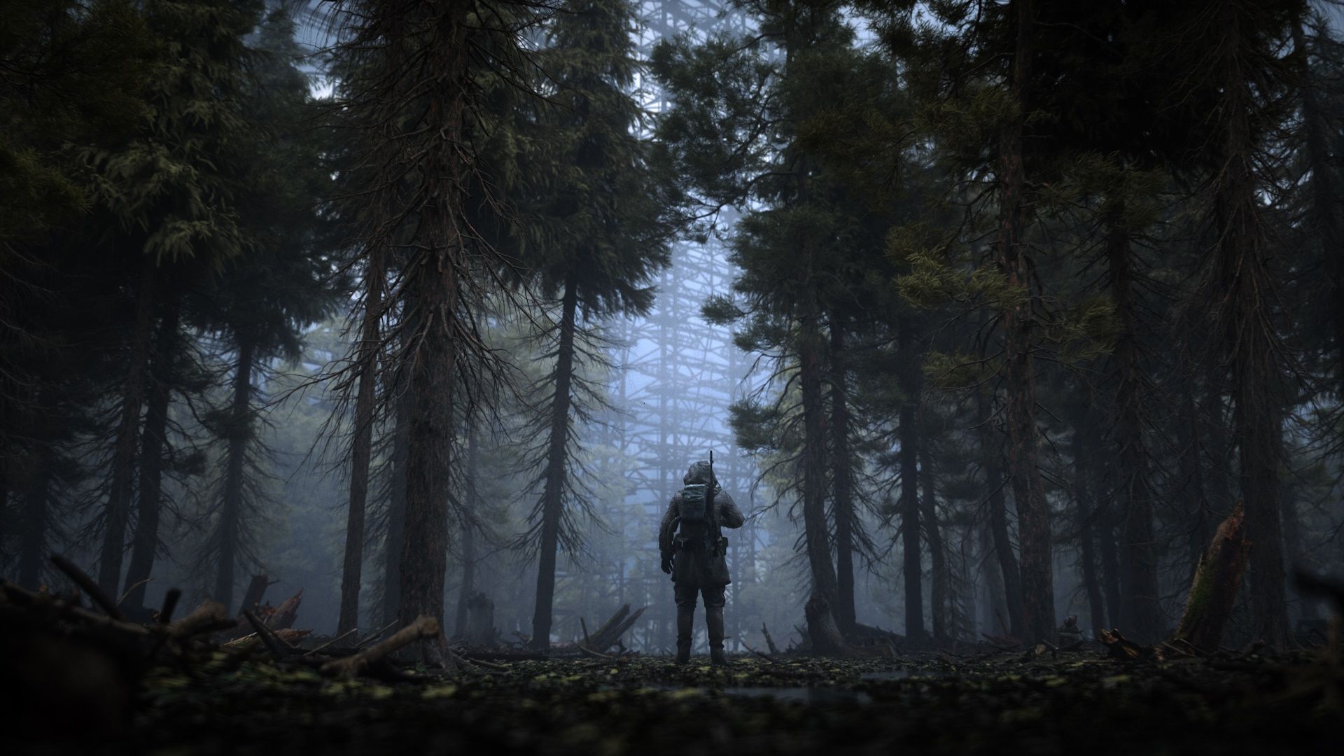A soldier walks into a forest clearing