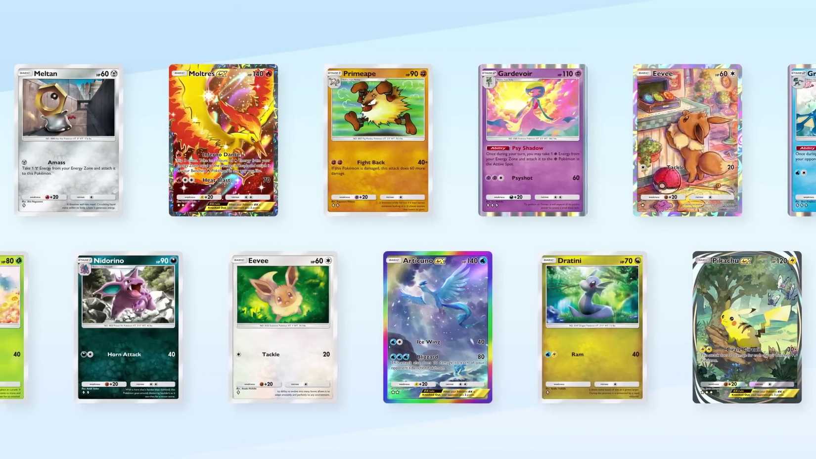 A graphic showing an array of Pokemon card in Pokemon TCG Pocket. There’s a Moltres, Gardevoir, and more.