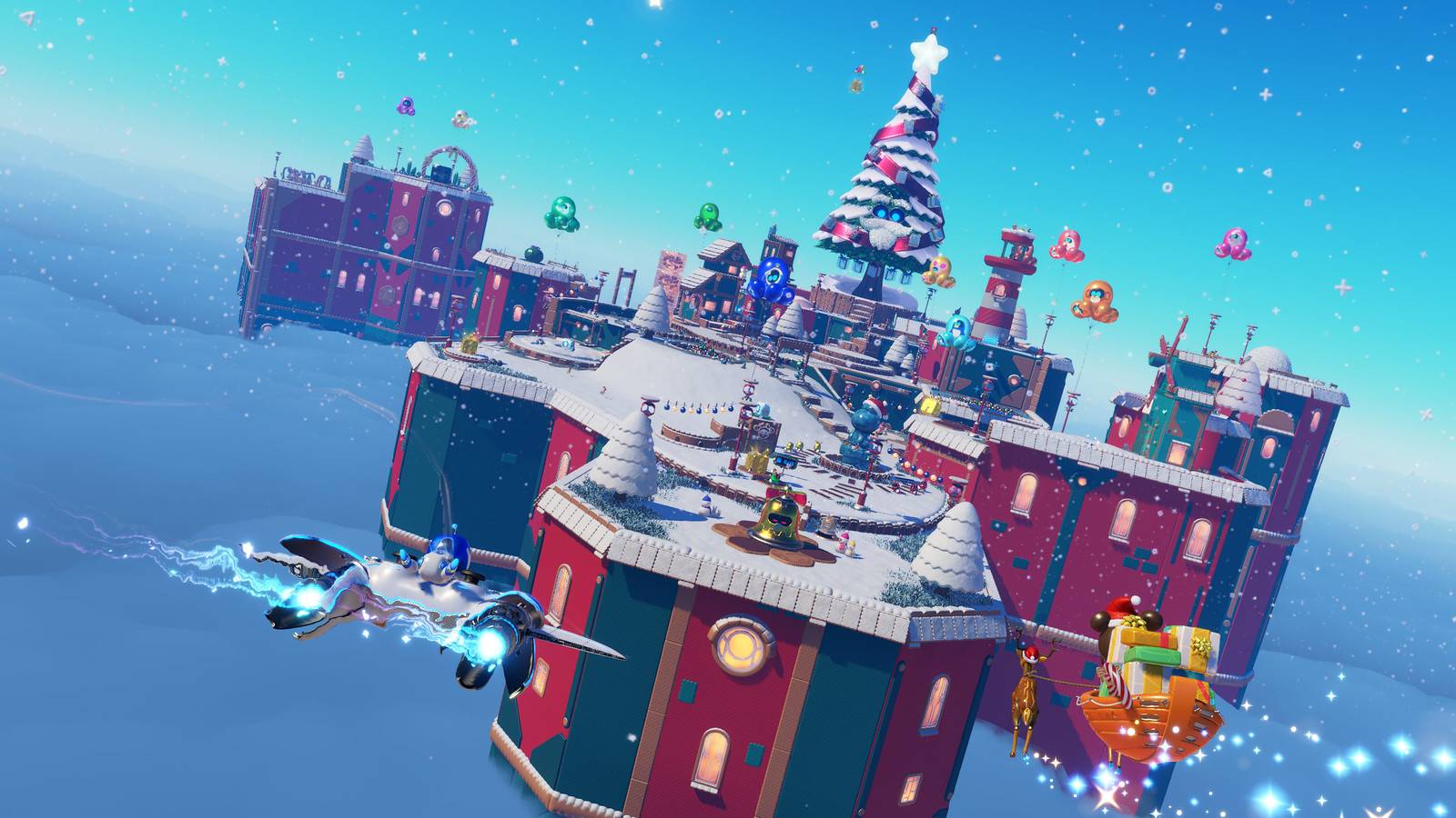 An image of a holiday-themed level in Astro Bot. It looks like a floating holiday village. It’s covered in snow, had a green and red color scheme, and