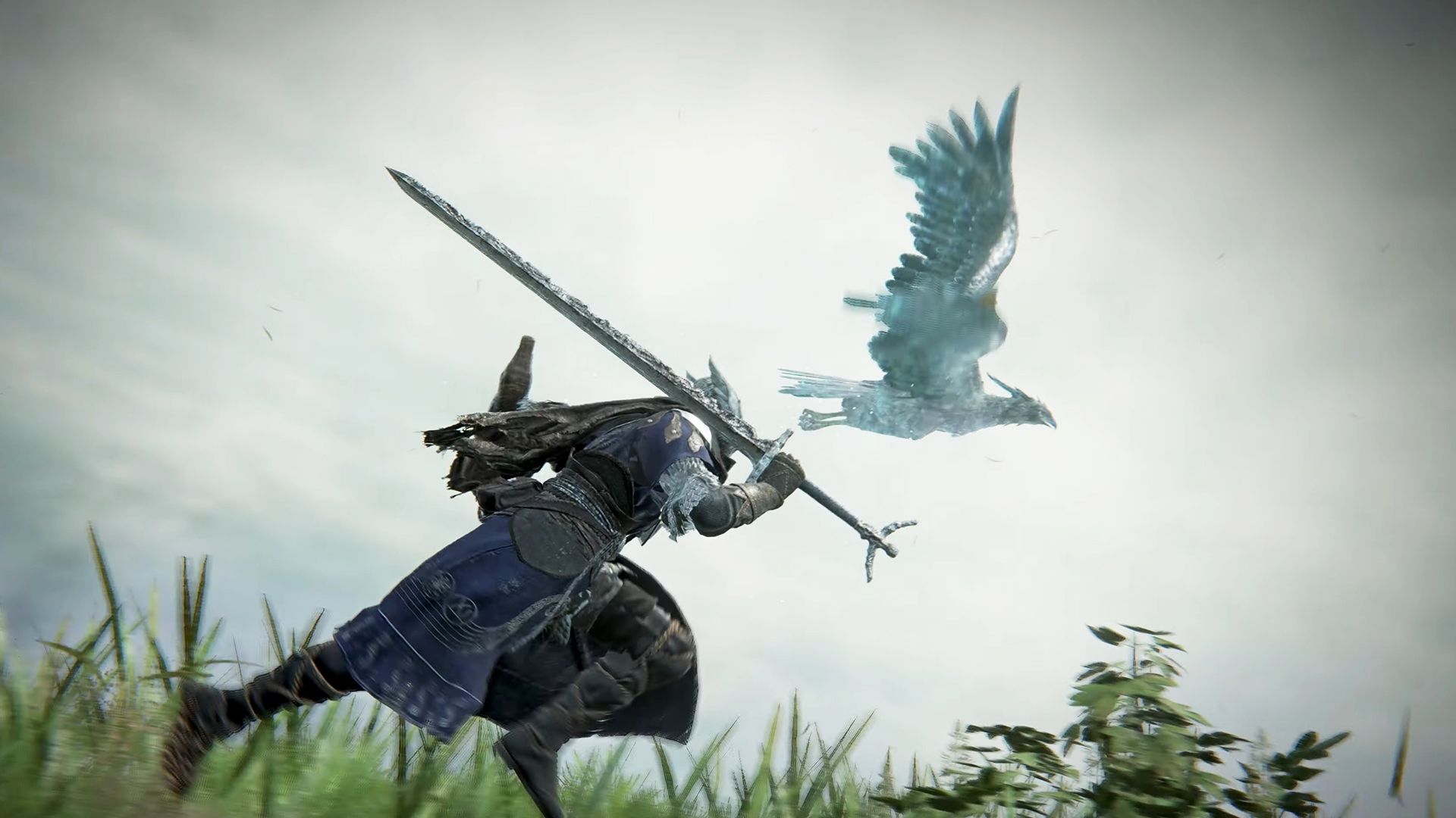 An Elden Ring character in full armor and wielding a sword sprints underneath a ghostly eagle.