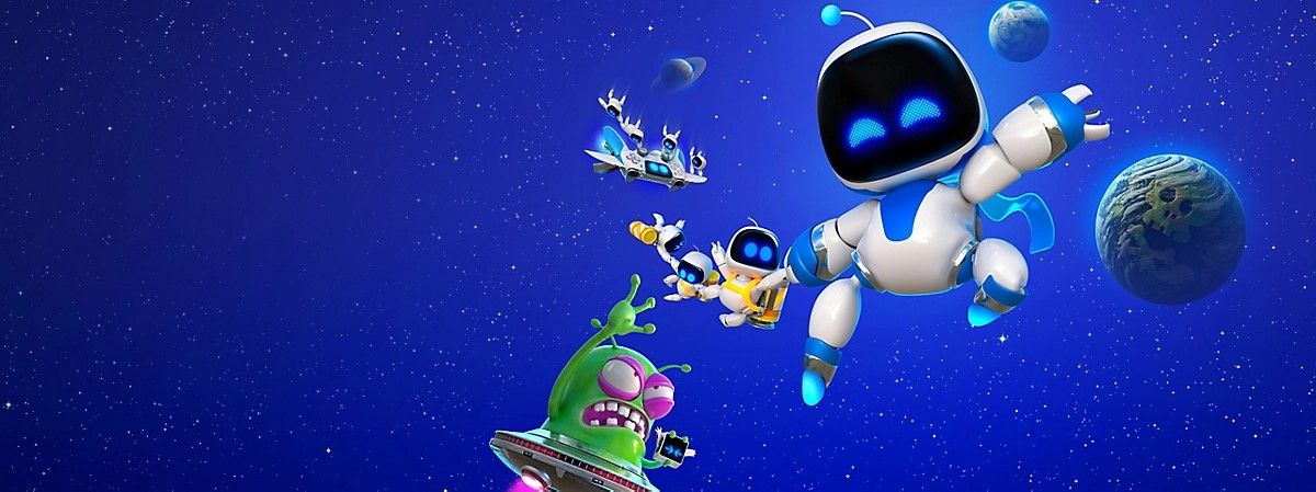 An image of Astro Bot, a little robot character that looks like PlayStation hardware, jumping through the sky.