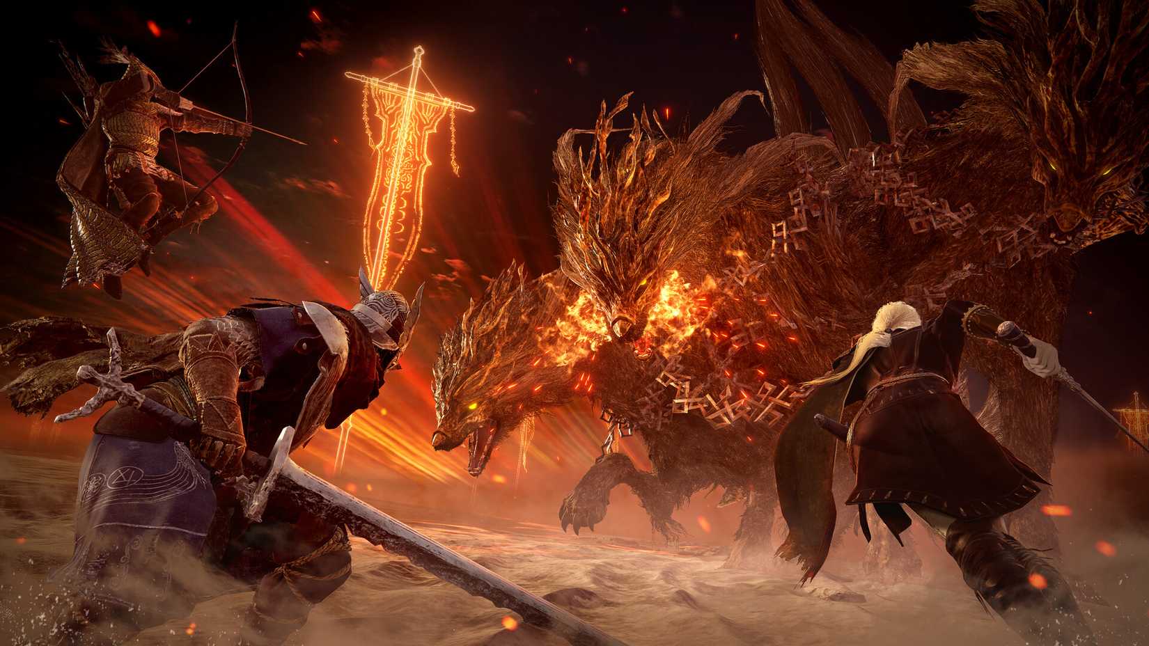 A trio of characters fighting against a two-headed fire-breathing creature in Elden Ring Nightreign