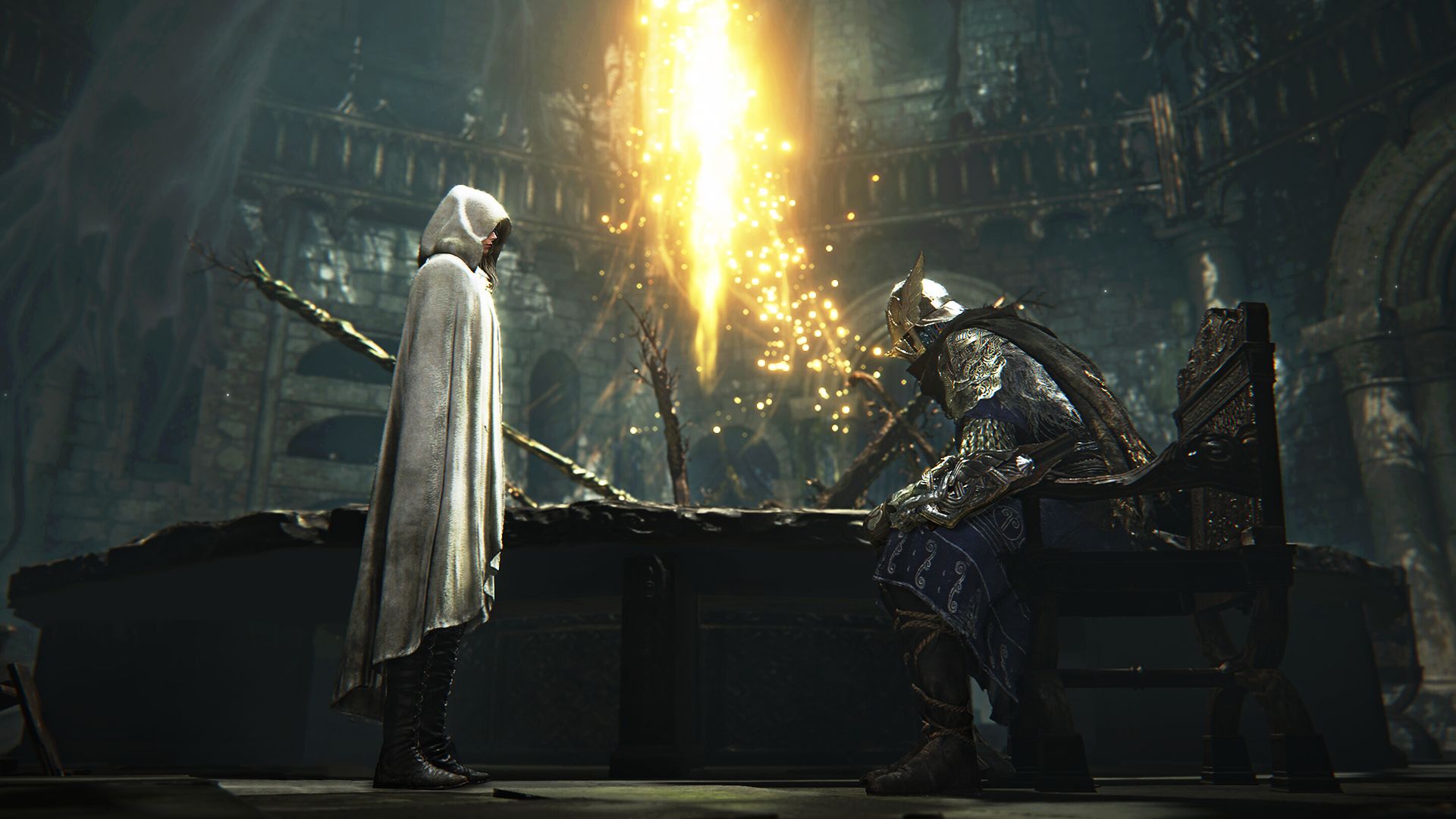 An Elden Ring screenshot depicting a woman in a white cloak looking down at an armored character sitting in a chair