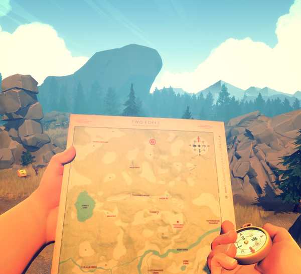 Hands hold a map and compass up in front of a rocky landscape in Firewatch
