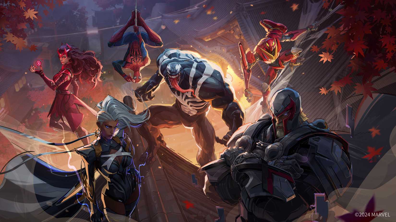 Artwork from Marvel Rivals, featuring Spider-Man, Scarlet Witch, Storm, Venom, Peni Parker, and Magneto