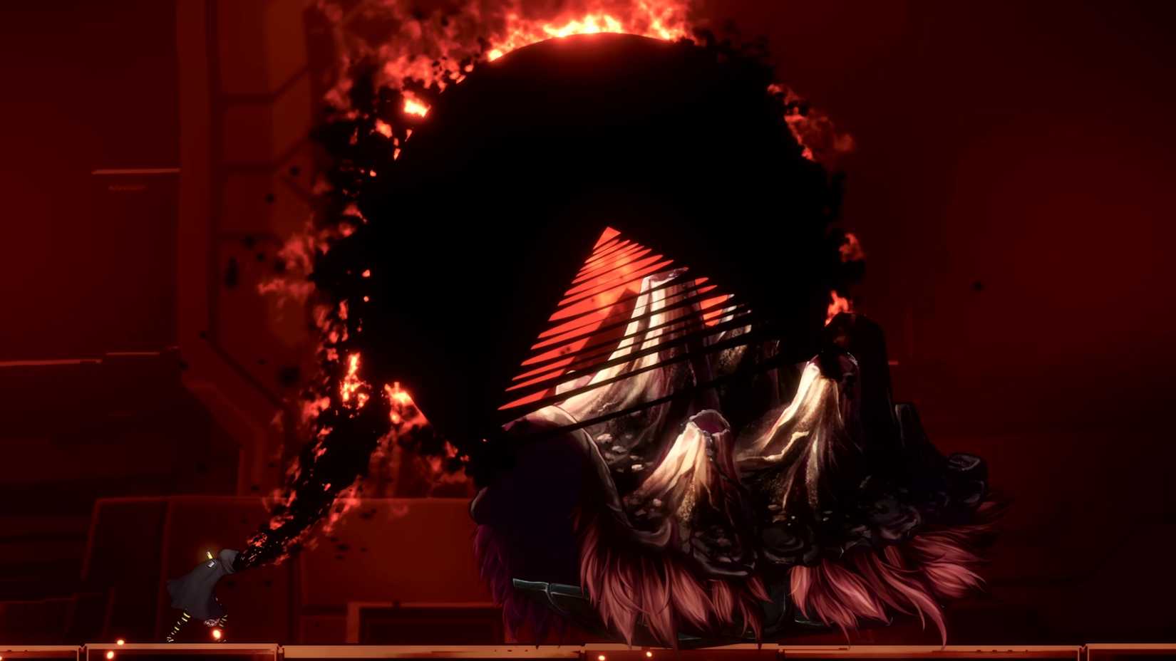 A shadowy, Pac-Man-like figure prepares to eat a giant monster