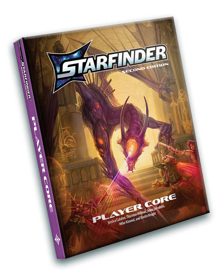 Starfinder player core book 3D image with a purple alien dragon on the cover