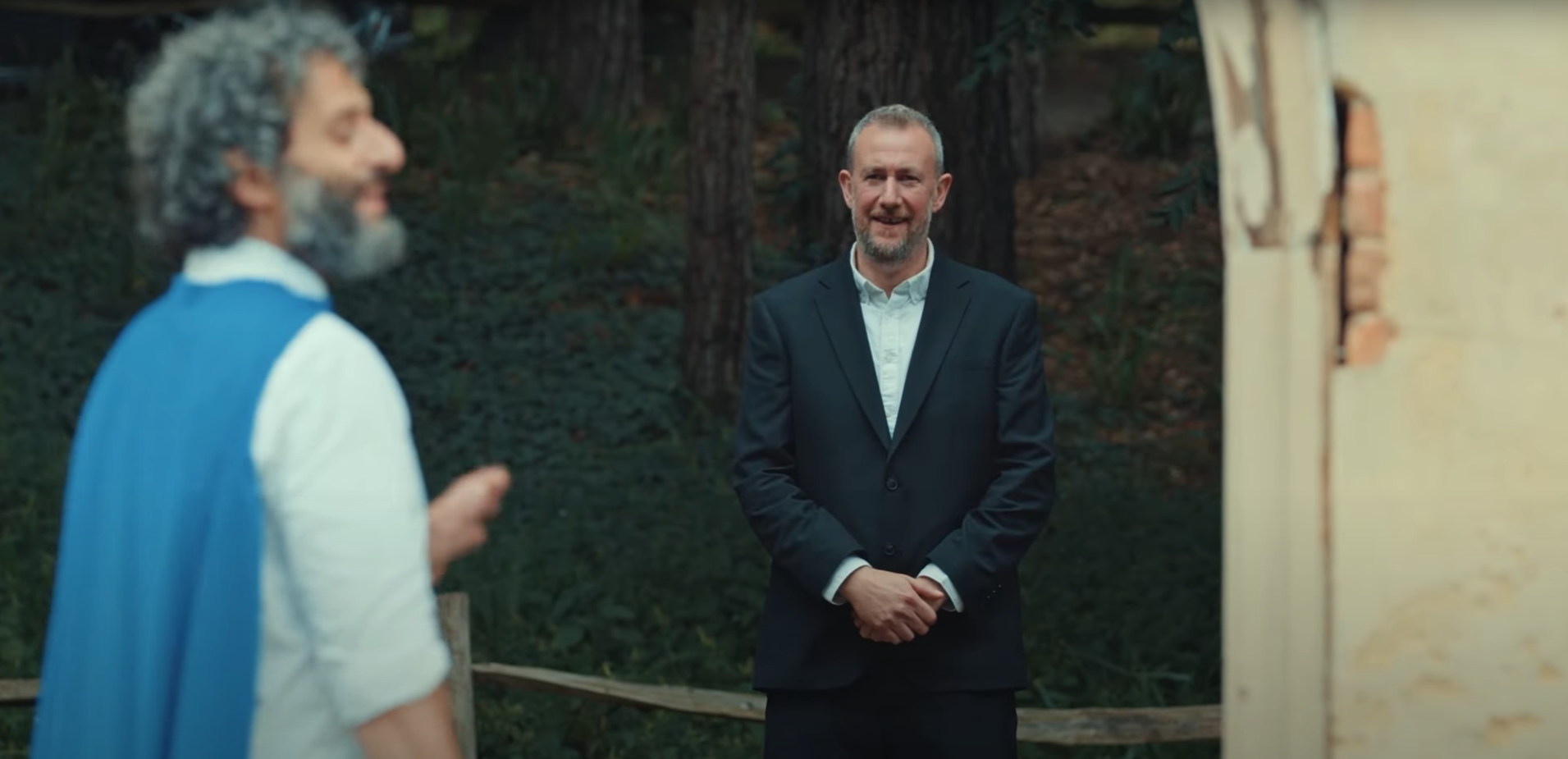 Alex Horne and Jason Mantzoukas laughing on the set of Taskmaster