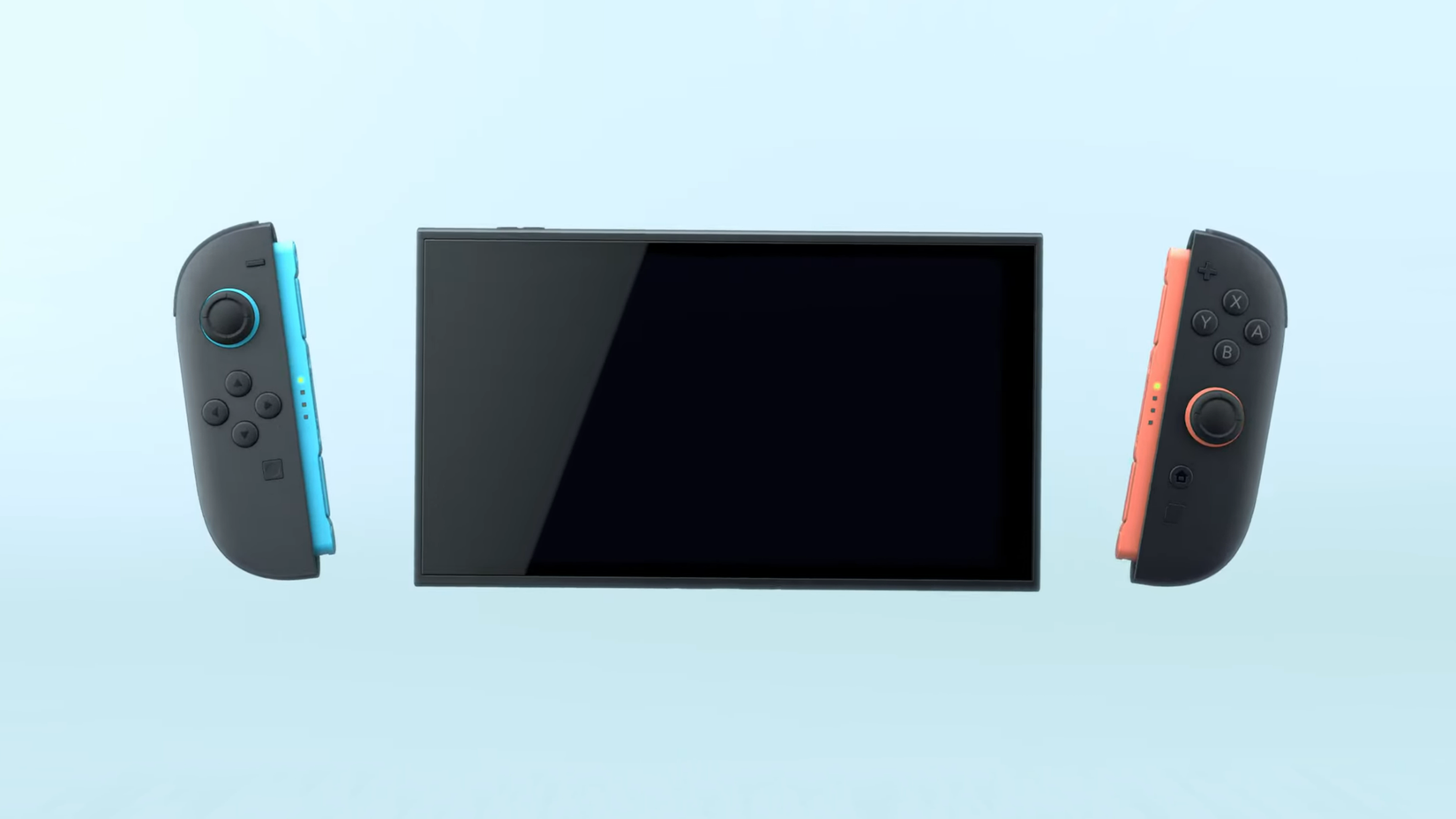 a blue Joy-Con and a red Joy-Con floating on the left and right sides of the Nintendo Switch 2, respectively