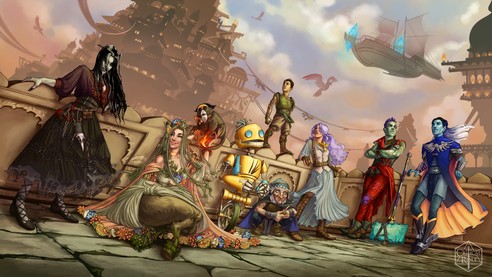 Illustration of eight fantasy characters from Critical Role’s Campaign 3, Bells Hells, gathered in a courtyard.