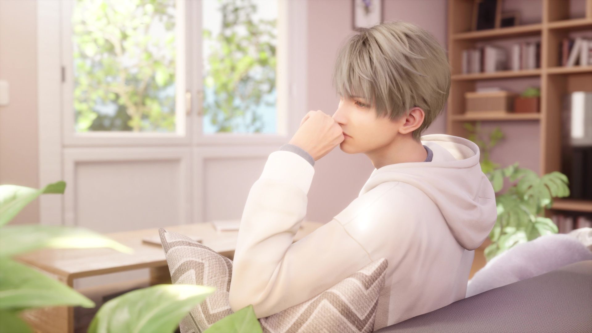 An image of a dateable boy in Love and Deepspace. He’s sitting on a couch and looking into the distnace.