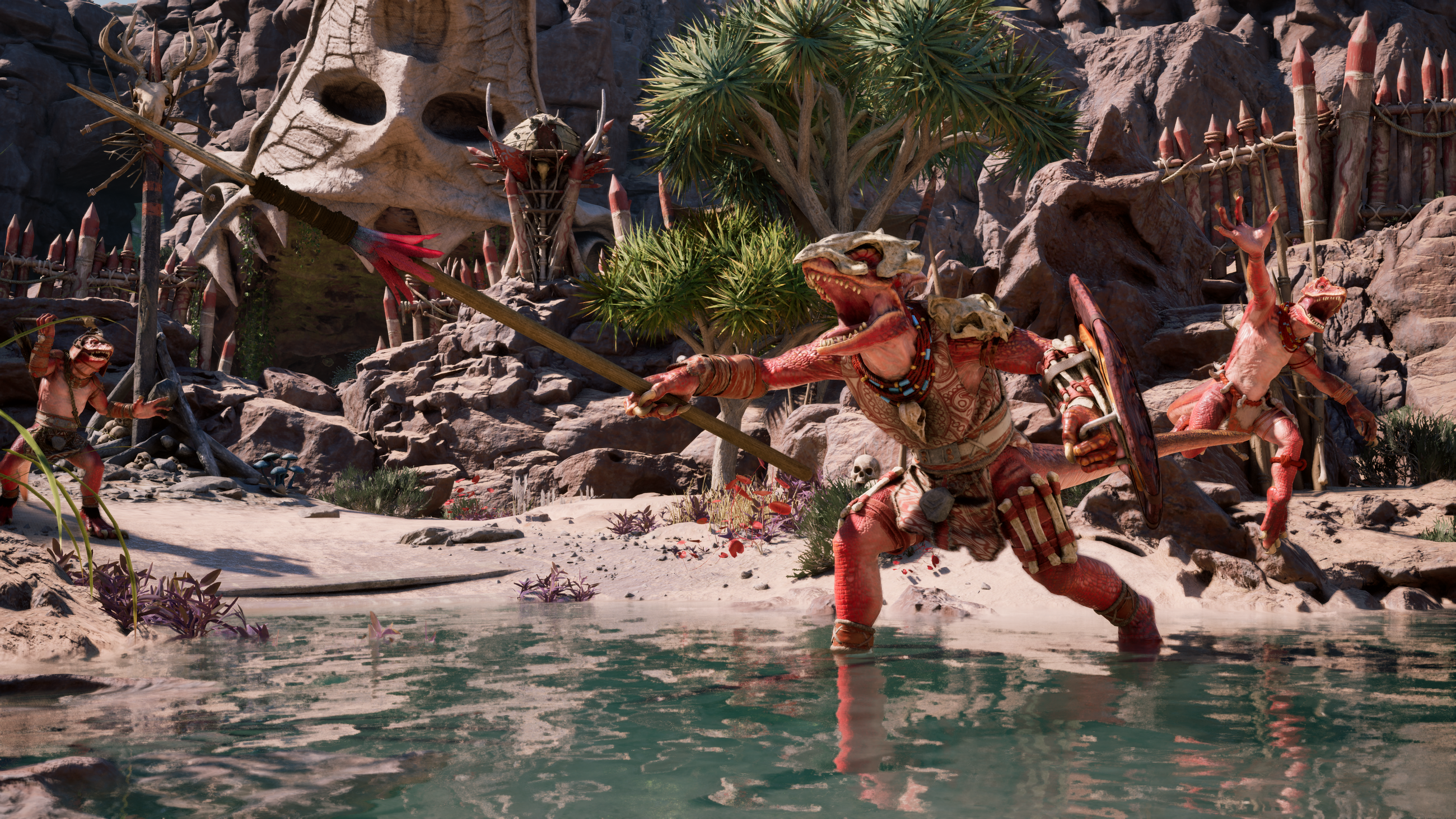 A lizard man strikes out with a spear in Avowed