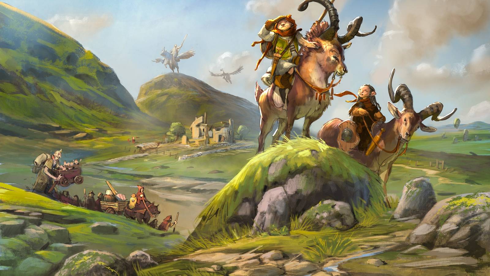 Kithkin nomads riding horned mounts through vibrant, rolling green hills in Lorwyn