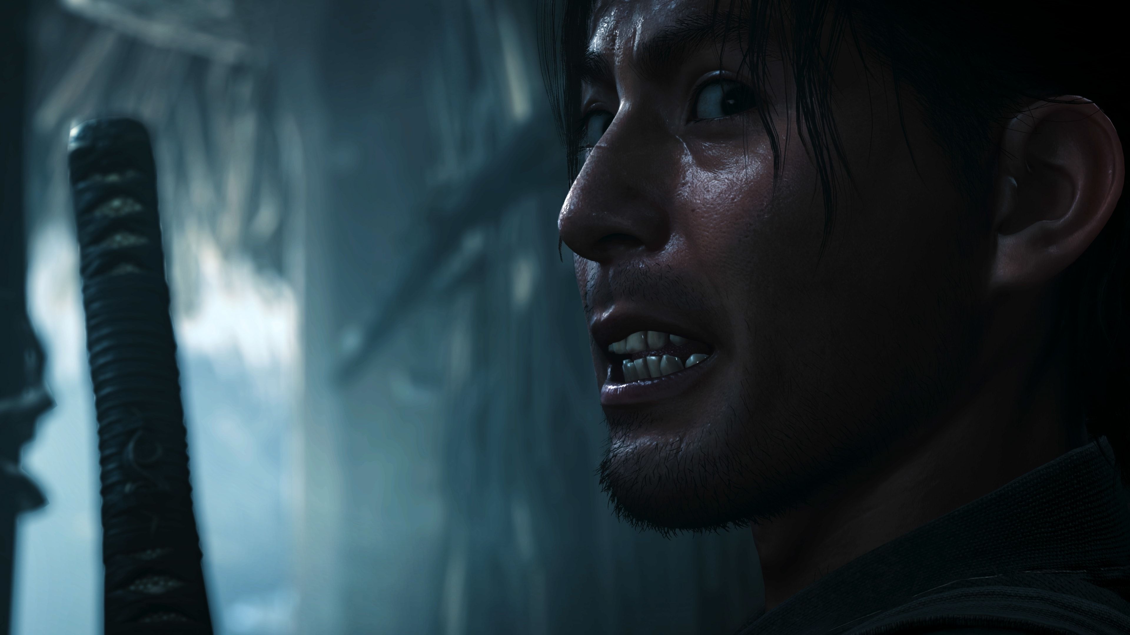 A samurai looks over his shoulder with a worried expression
