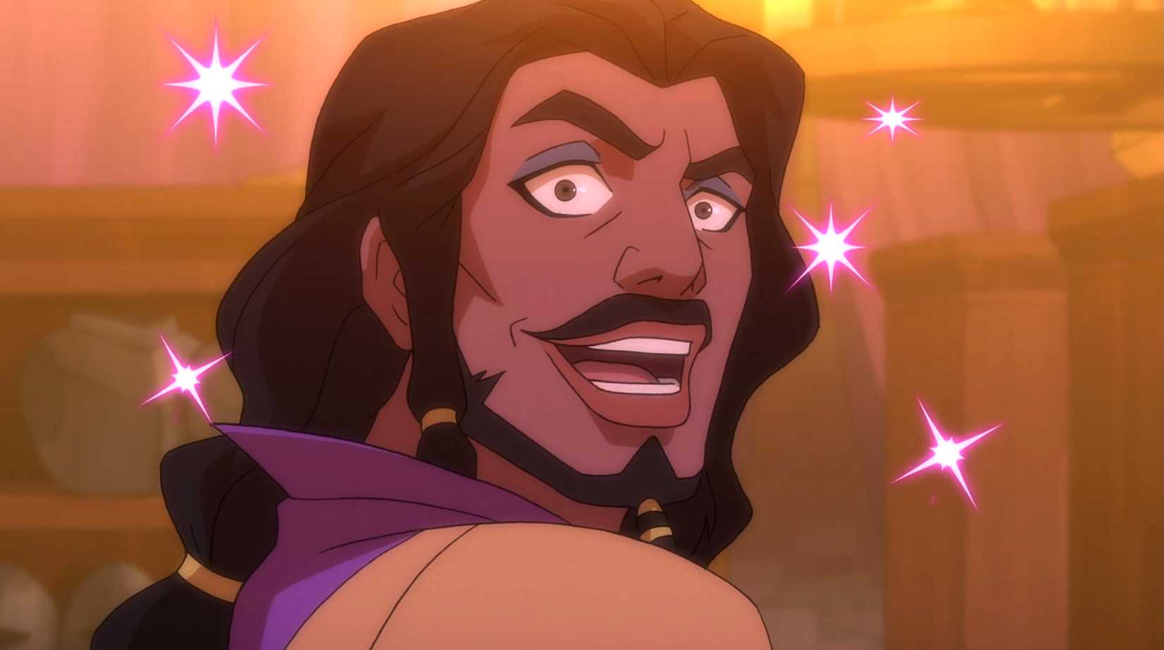 Shaun Gilmore, a dark-skinned, dark-haired humanoid in blue eyeshadow with a long braid down his back and pink sparkles in the air around him, in his first appearance in The Legend of Vox Machina season 1