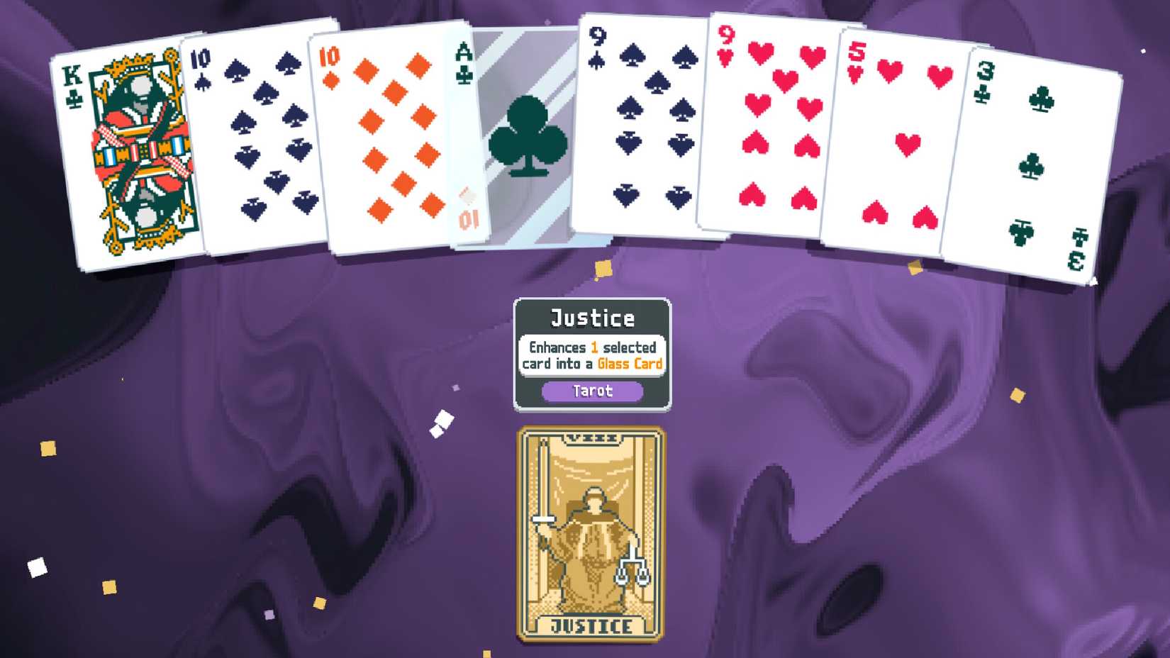 An array of playing cards displayed above a Justice tarot card