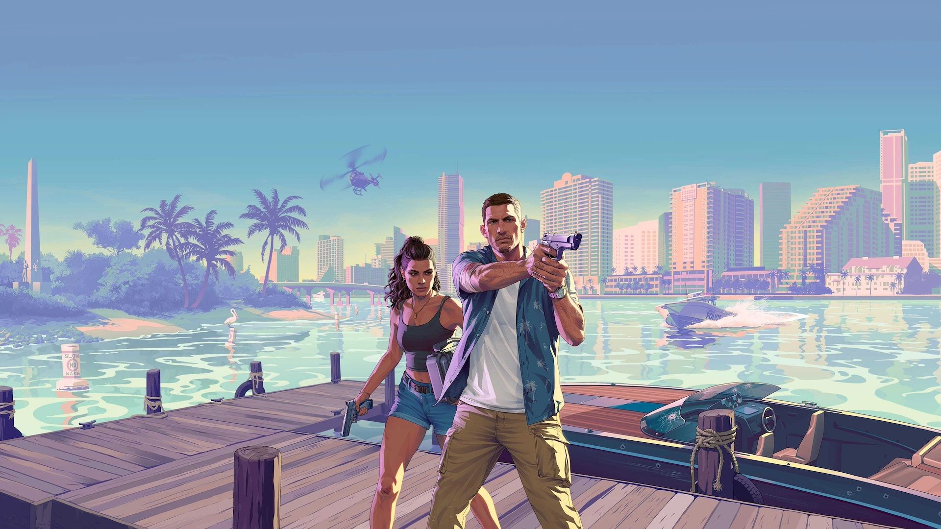 Artwork for GTA 6, featuring protagonists Jason and Lucia holding guns while standing on a Vice City dock