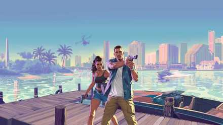 Obra de arte para GTA 6, con los protagonistas Jason y Lucia sosteniendo pistolas mientras se encuentran en un muelle de Vice City