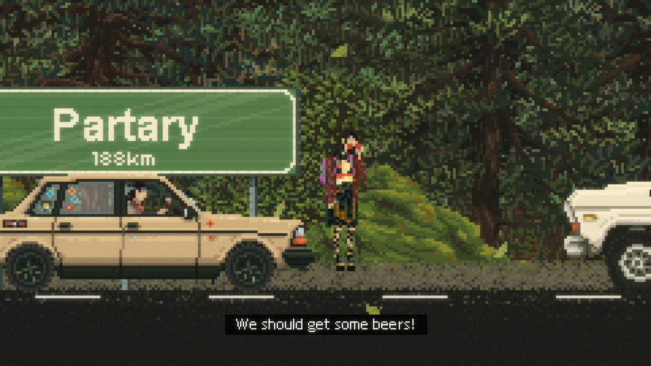 A screenshot from Keep Driving shows a cool female hitchhiker standing by the edge of the road, saying ‘We should get some beers!’
