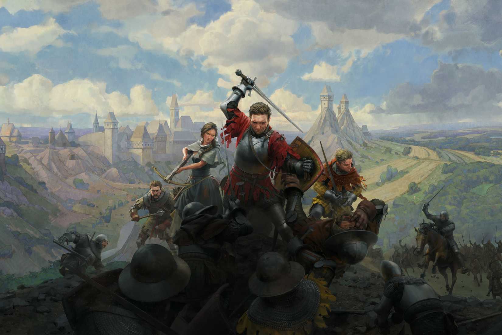 Kingdom Come: Deliverance 2 art showing a medieval knight fighting surrounded by enemies and allies
