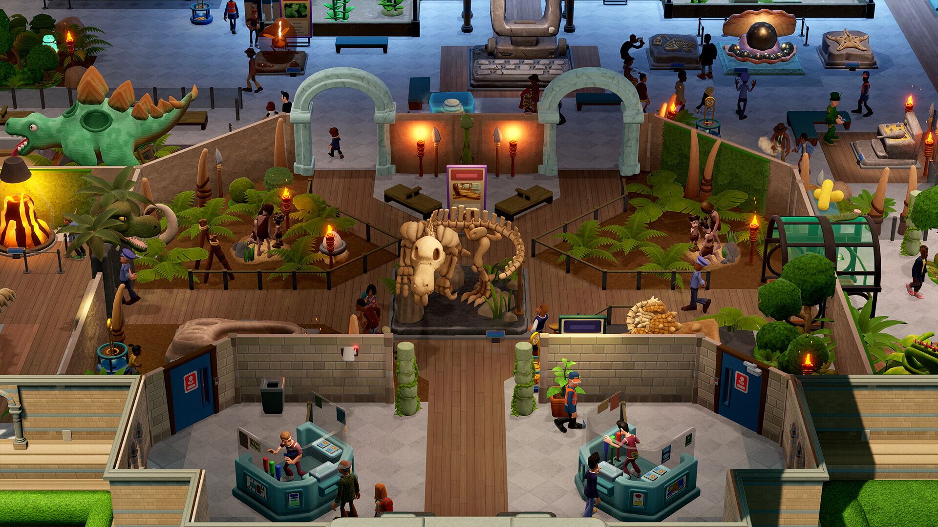 An isometric view of a museum from Two Point Museum with lots of different kinds of exhibits, including multiple dinosaur exhibits